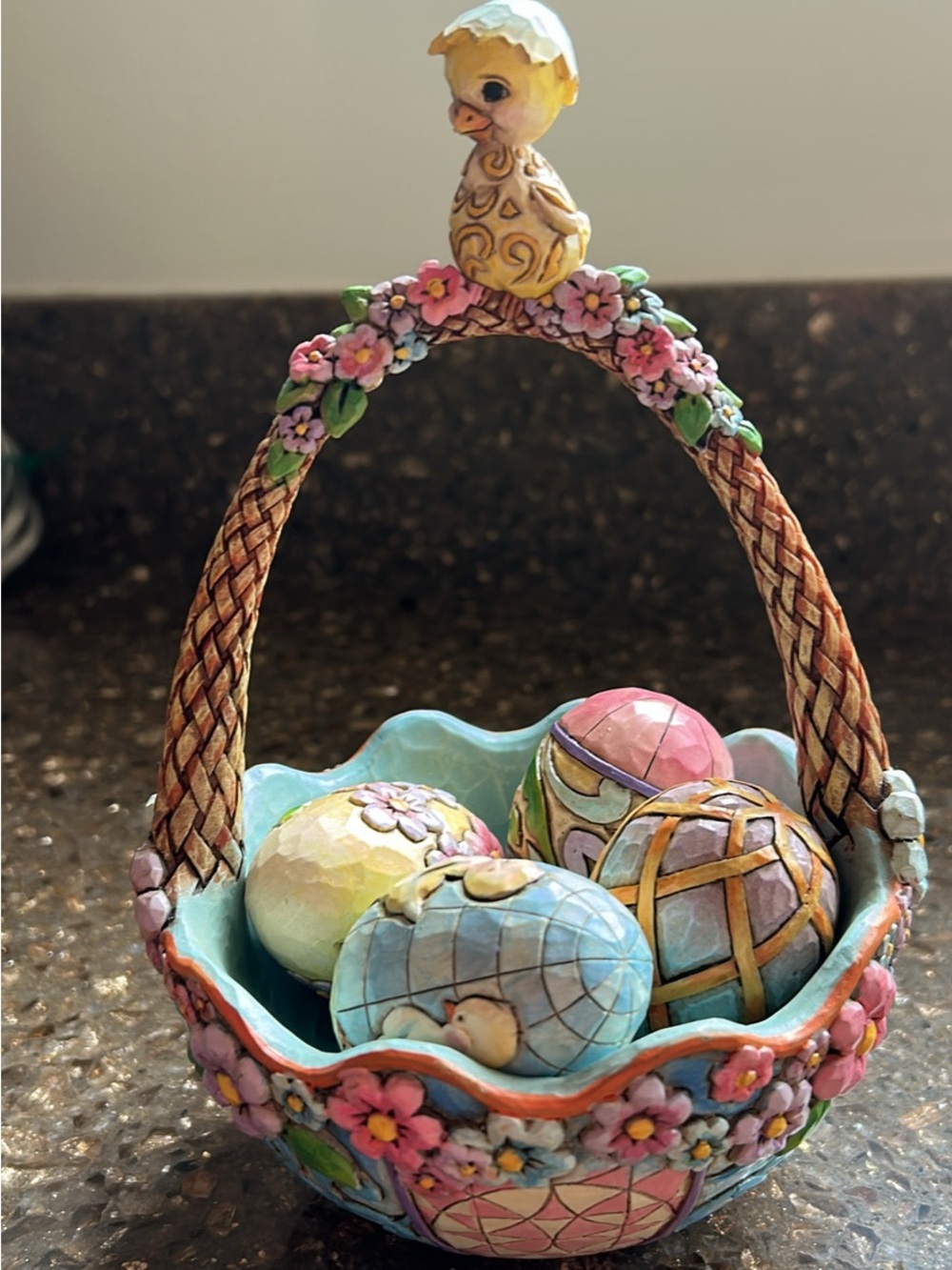 Jim Shore Pastel Blue & Pink Floral Easter Basket with Decorative Eggs